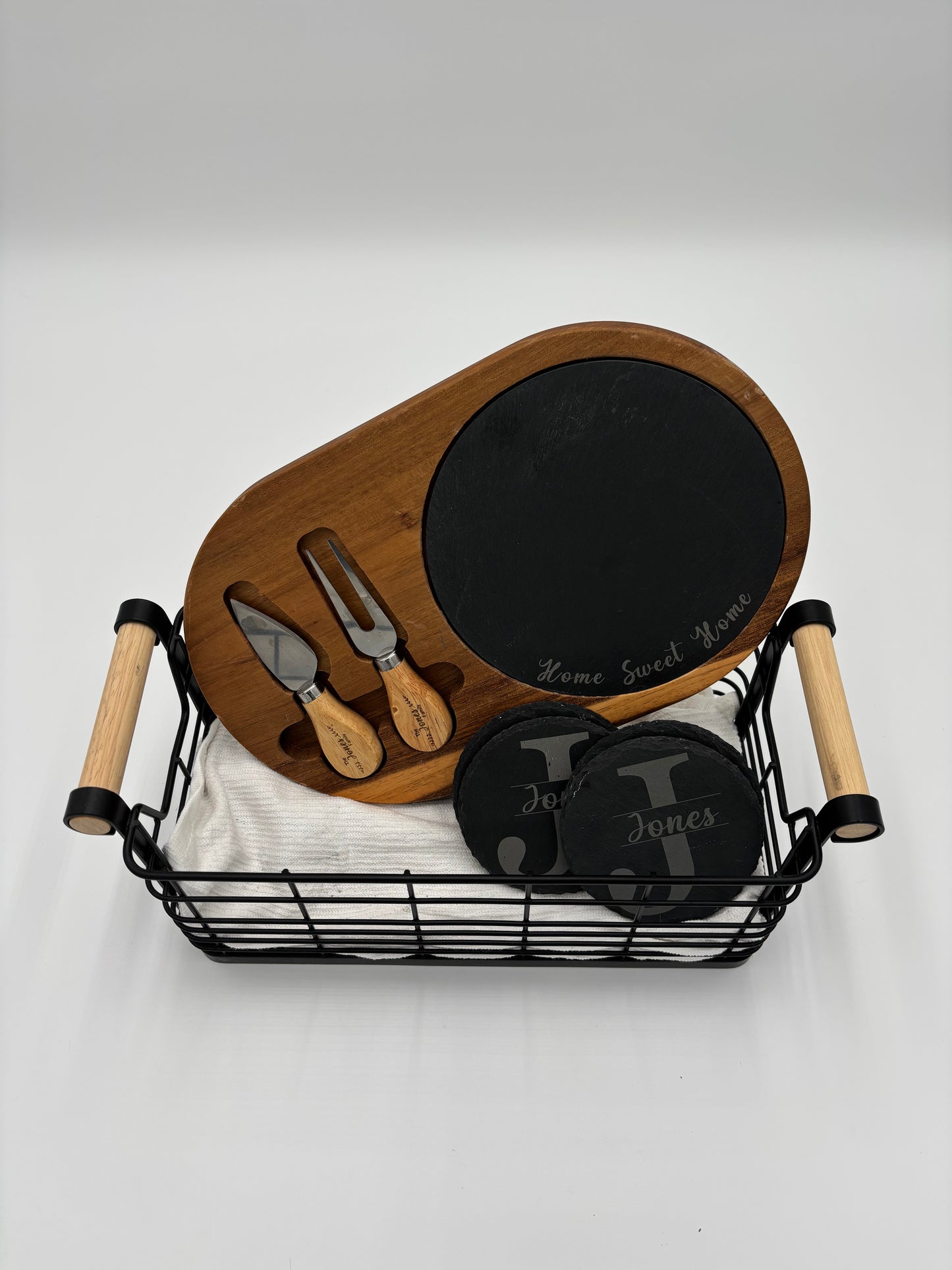 Personalized Charcuterie board set with slate coasters, Engrave Acacia cheese board, Realtor closing gift, New home gift, Laser engraved wedding gift