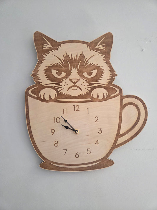 Handmade Wooden Grumpy Cat Wall Clock | Funny Coffee Cat Silhouette Clock, Unique Cat Lover Gift,  Rustic Kitchen Decor,  Cat Mom Birthday Present