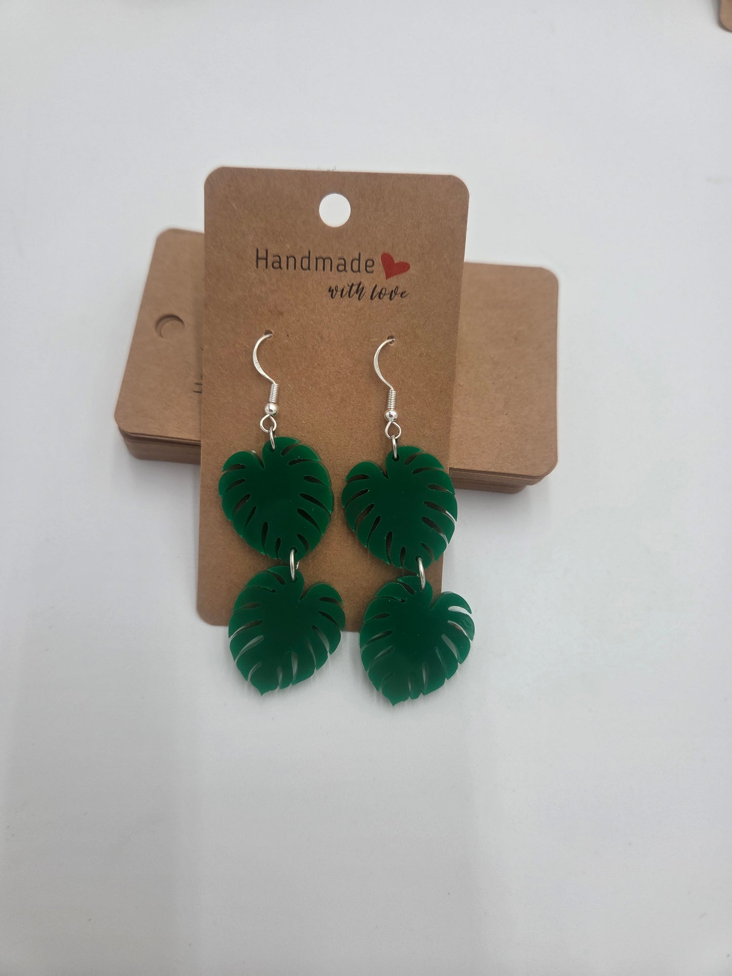 Monstera Leaf Earrings | Green Acrylic Dangles | Sterling Silver Plated Botanical Jewelry
