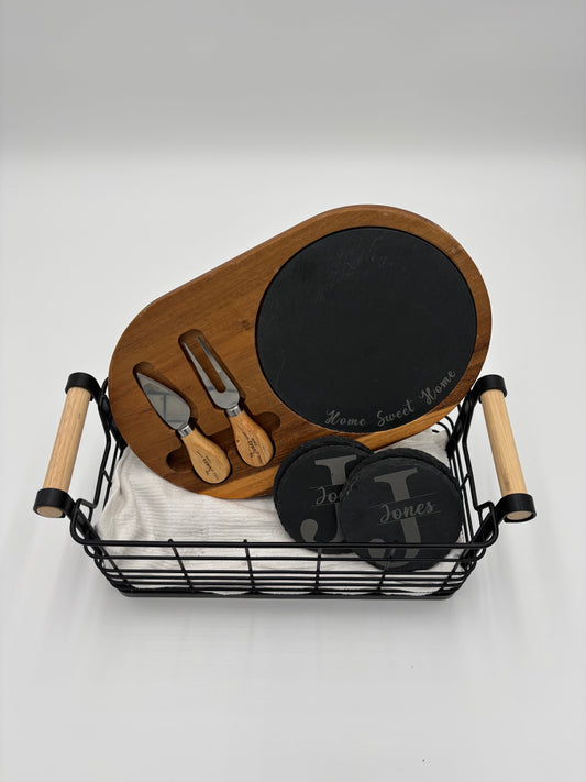 Personalized Charcuterie board set with slate coasters, Engrave Acacia cheese board, Realtor closing gift, New home gift, Laser engraved wedding gift