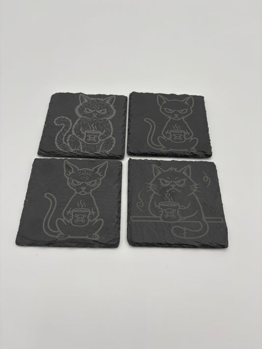 Grumpy cat slate coaster set, Funny slate coaster set, Gift for cat lovers, Laser engraved coaster set