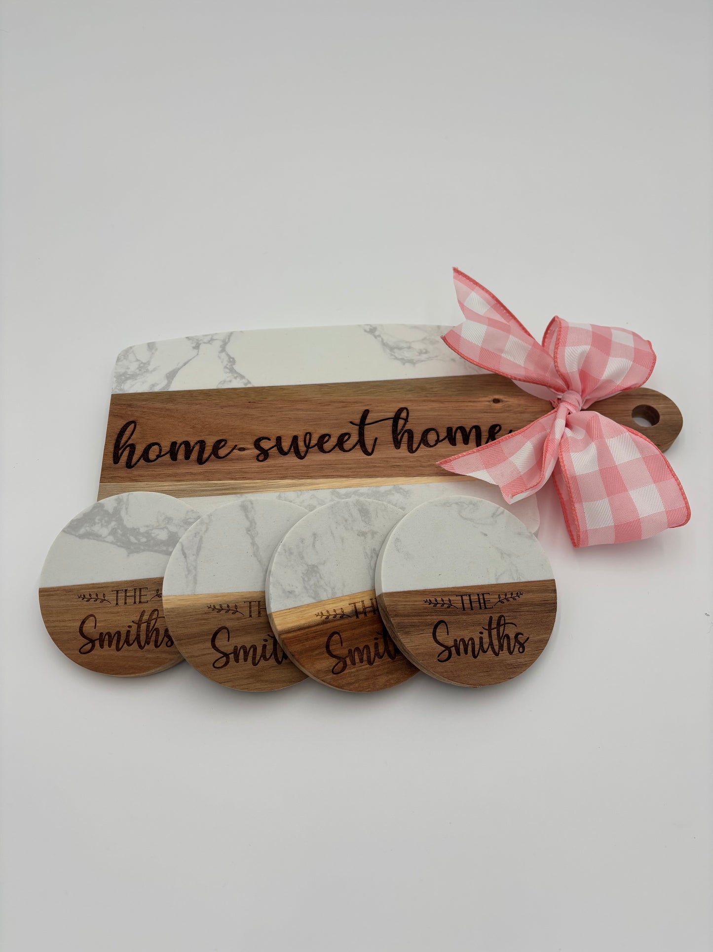 Personalized Marble and Wood Charcuterie Board Set, Custom Engraved Serving Board and Coaster Gift Set, Personalized Housewarming Gift