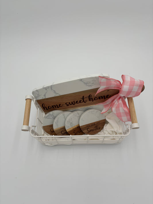 Personalized Marble and Wood Charcuterie Board Set, Custom Engraved Serving Board and Coaster Gift Set, Personalized Housewarming Gift