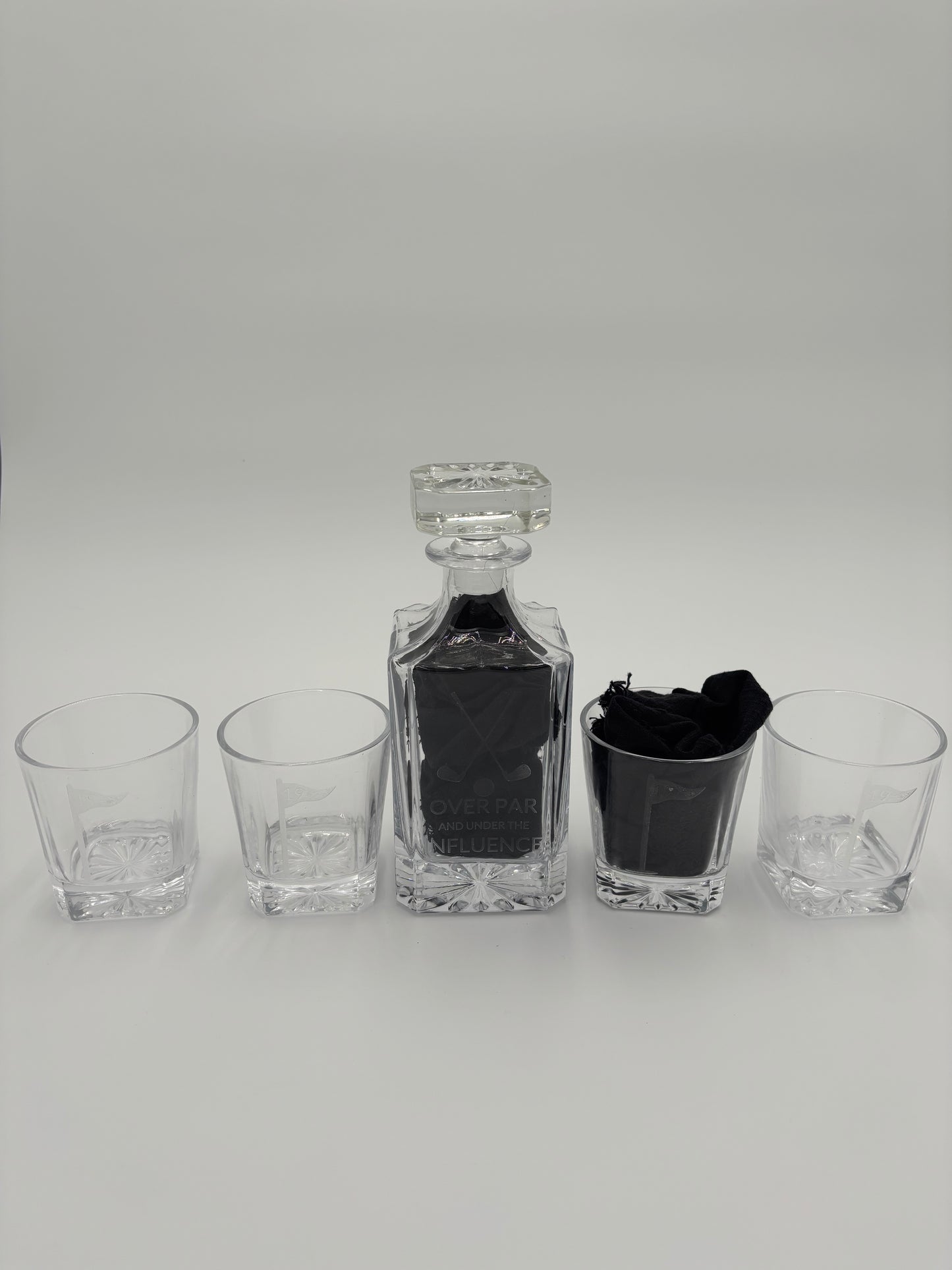 Custom Engraved Golf Decanter Set with 4 Whiskey Glasses | "Over Par and Under the Influence" | Personalized Groomsmen Gift | Luxury Golfers Barware Set