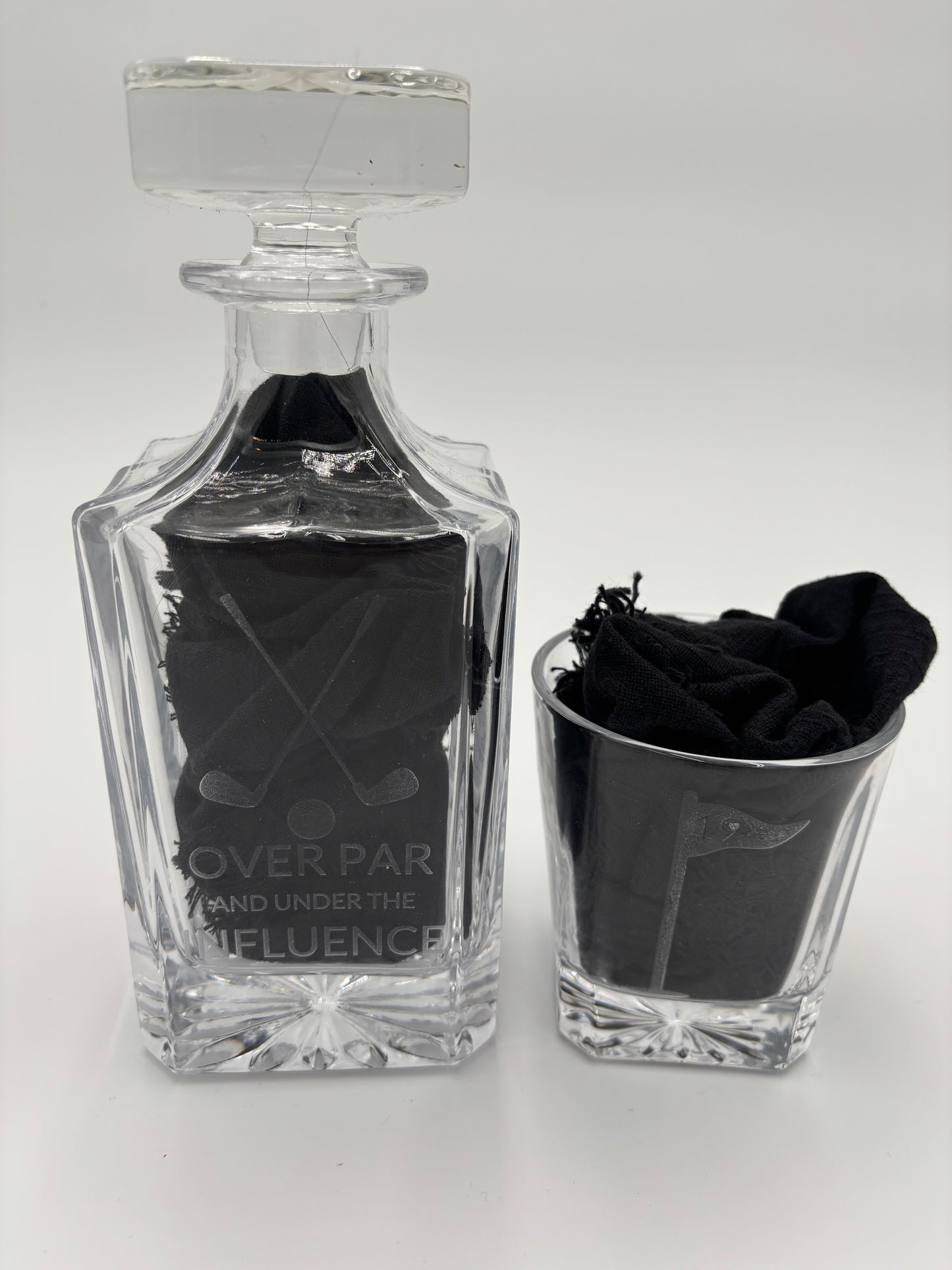 Custom Engraved Golf Decanter Set with 4 Whiskey Glasses | "Over Par and Under the Influence" | Personalized Groomsmen Gift | Luxury Golfers Barware Set