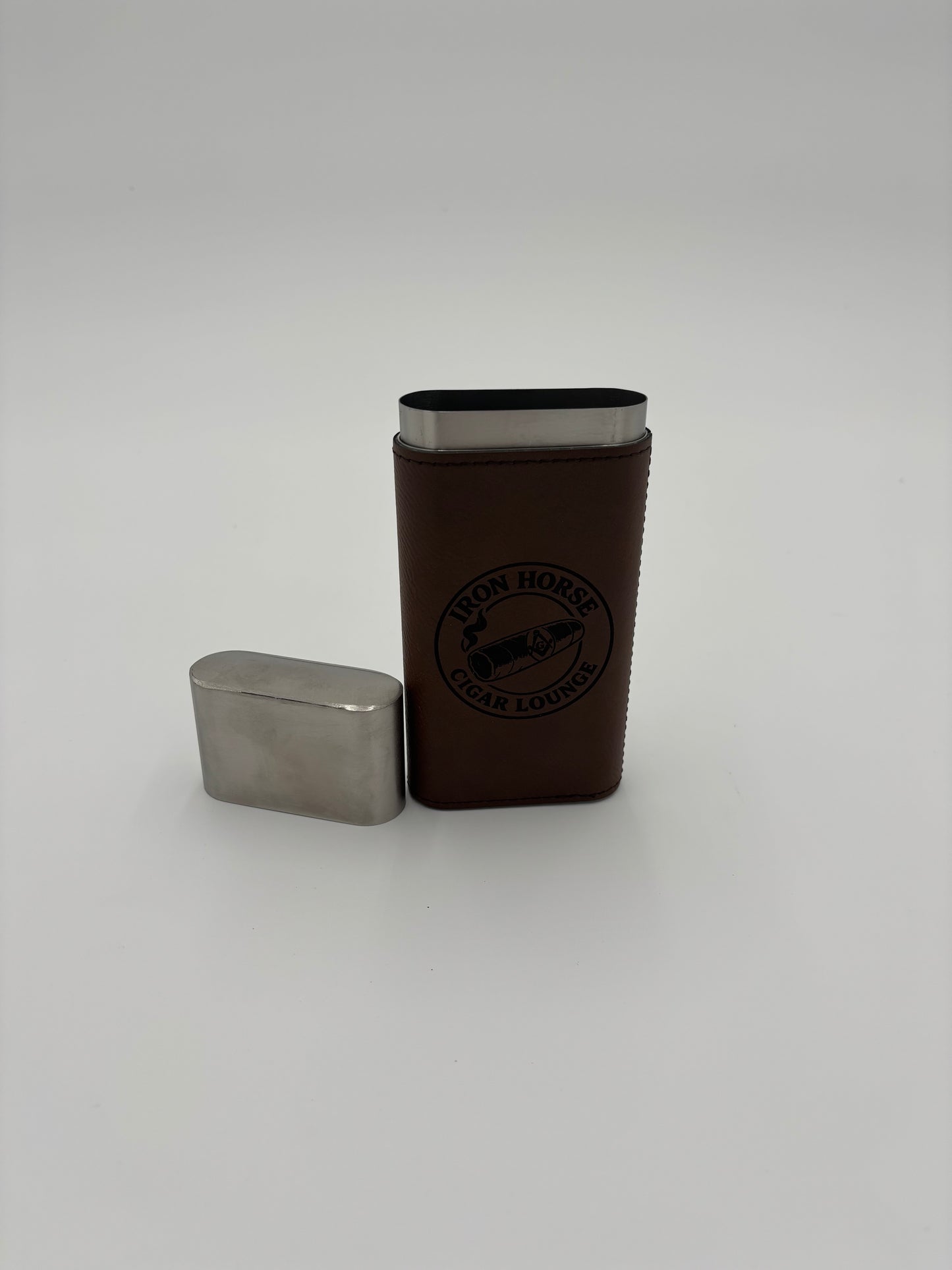 Custom Engraved 2-Piece Pocket Cigar Holder, Groomsmen & Anniversary Gift, Personalized Stainless Steel Cigar Case, Brown Leatherette Travel Humidor