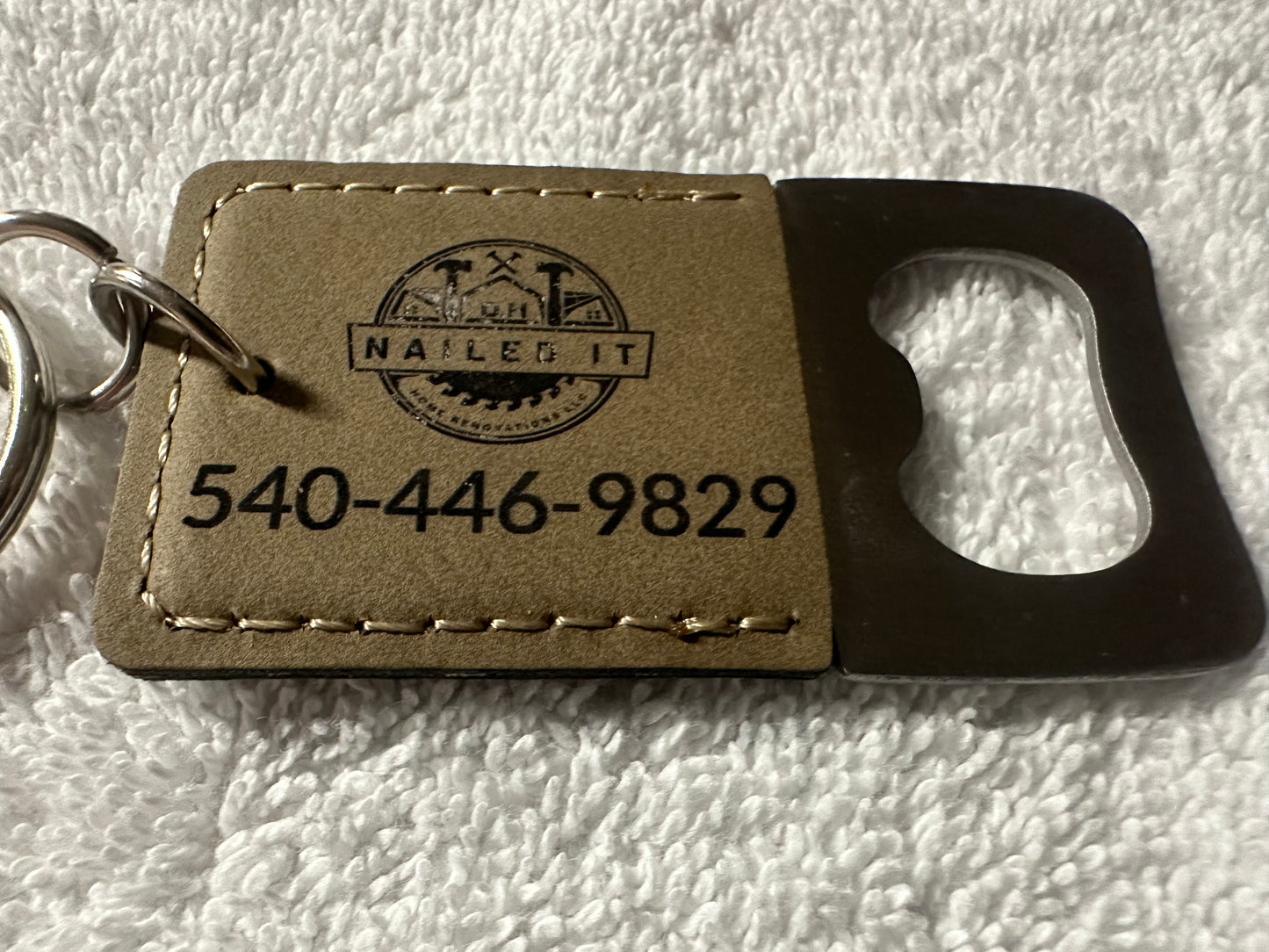 Custom Faux Leather Bottle Opener Keychain, Personalized Business Logo & Phone Number, Laser Engraved Promotional Swag,  Handyman & Contractor Branding