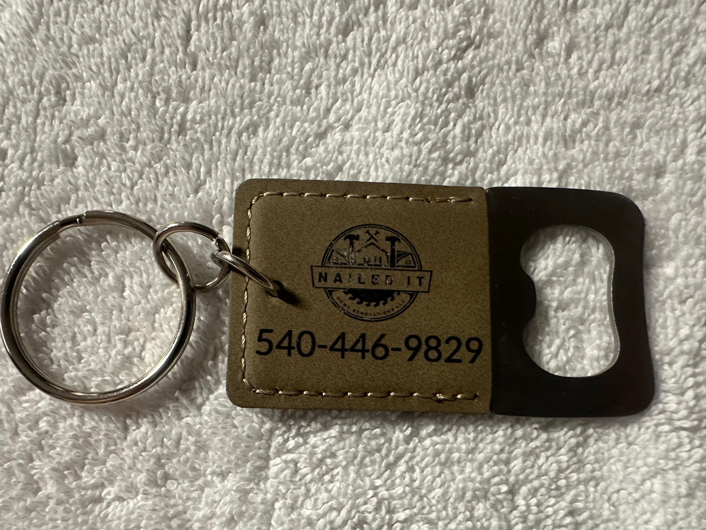 Custom Faux Leather Bottle Opener Keychain, Personalized Business Logo & Phone Number, Laser Engraved Promotional Swag,  Handyman & Contractor Branding