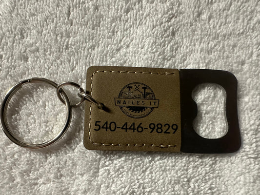 Custom Faux Leather Bottle Opener Keychain, Personalized Business Logo & Phone Number, Laser Engraved Promotional Swag,  Handyman & Contractor Branding